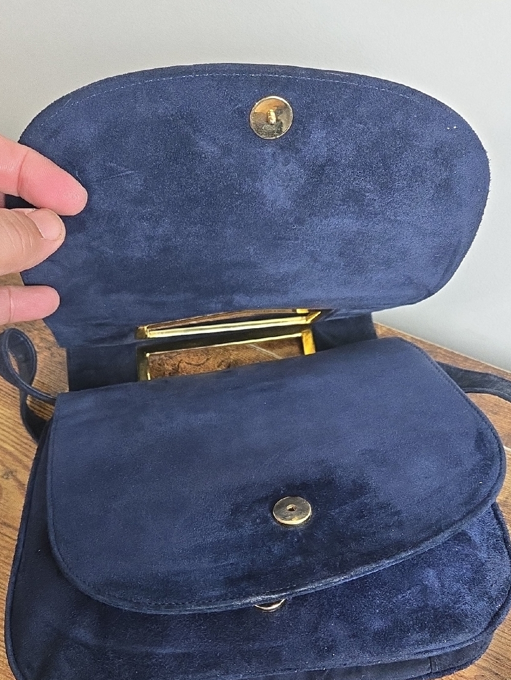 Vintage Salvatore Ferragamo Blue Suede Shoulder Bag with Gold Accent Euro Boho - Picture 6 of 12